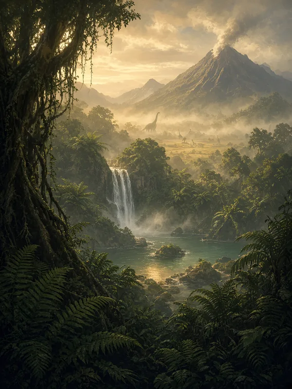 Prehistoric jungle with a waterfall and a smoking volcano
