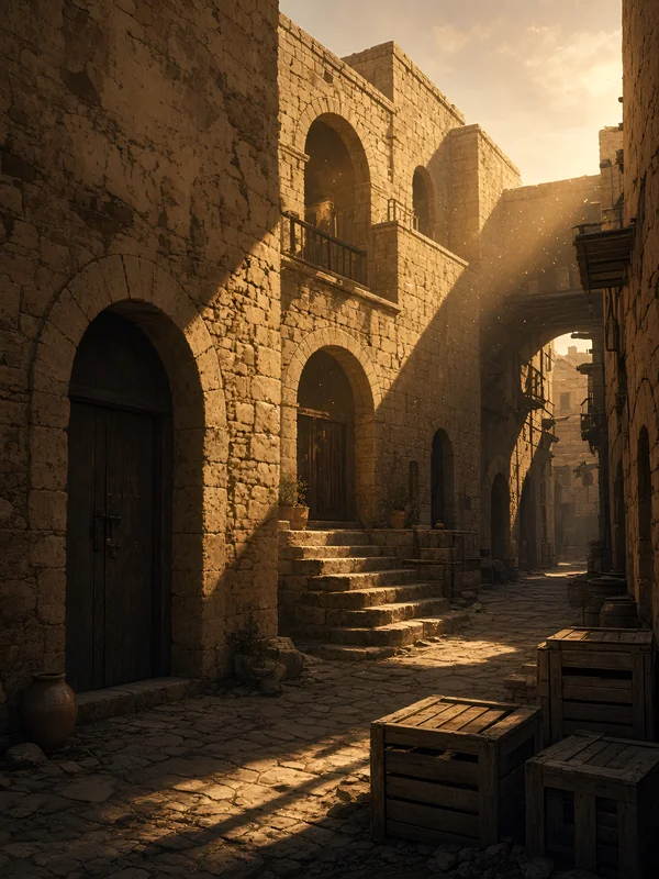 Sunlit sandstone desert town alley with wooden crates