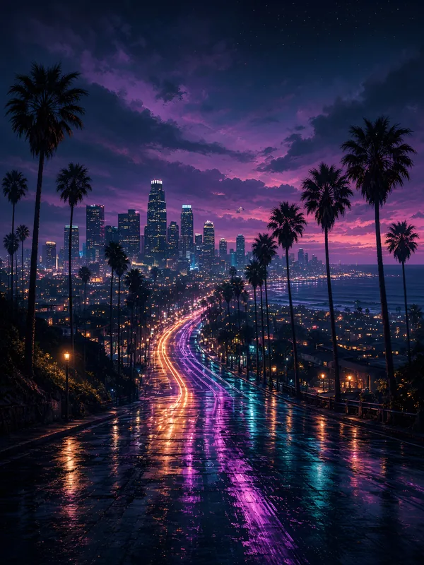 Palm-lined coastal city boulevard glowing with neon at night