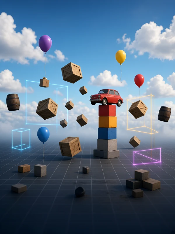 Colorful physics props and balloons floating over a grid test map