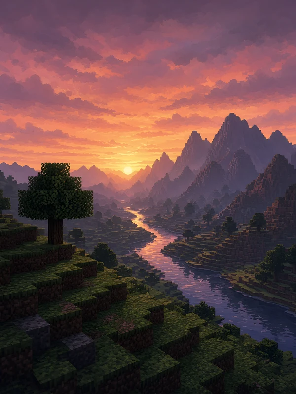 Blocky voxel hills and a river winding toward mountains at sunset