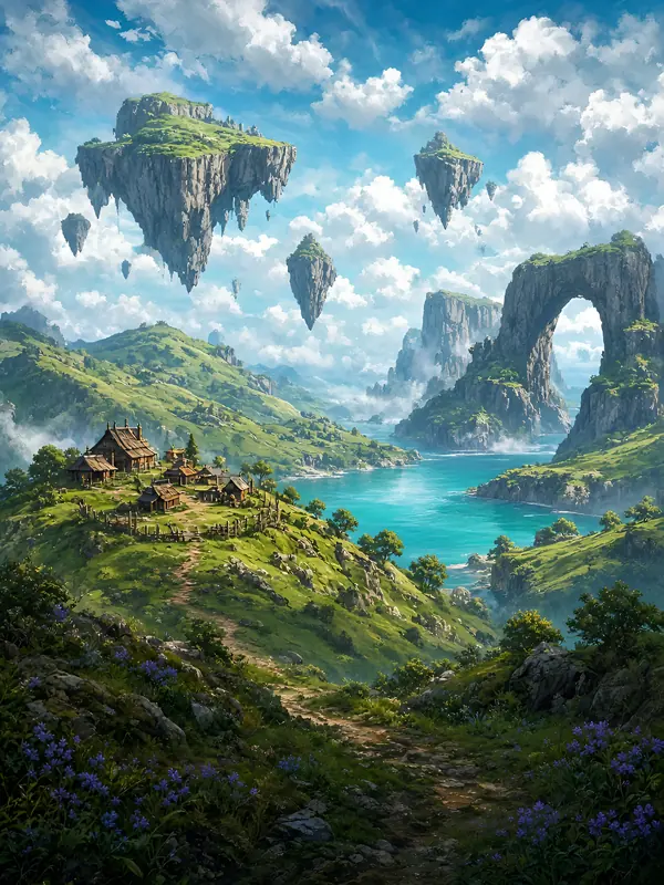 Green meadows, a turquoise lake and floating islands under a bright sky