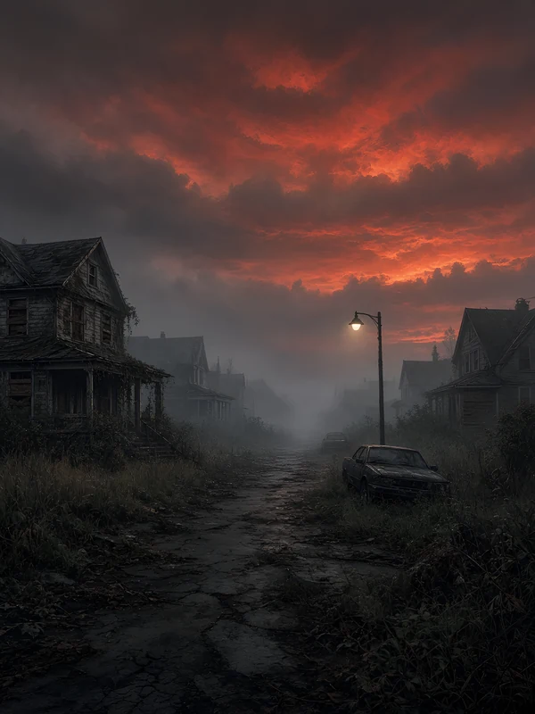 Abandoned foggy suburb street under a red dusk sky