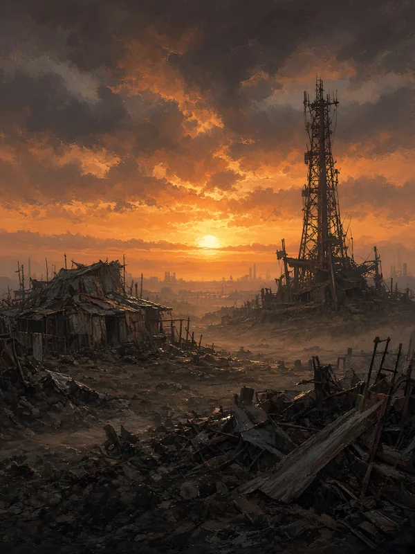 Rusted wasteland ruins and a radio tower under an orange dusk sky