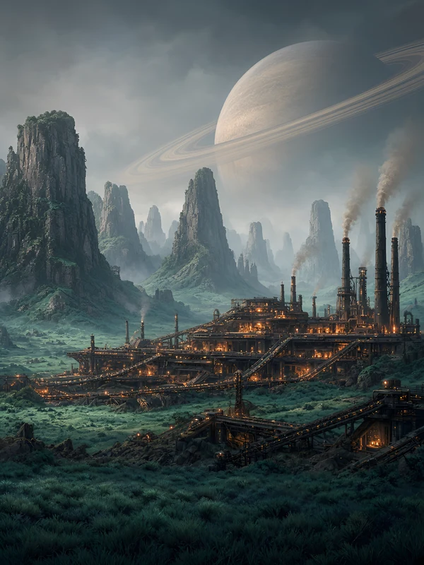 Sprawling factory on an alien grassland beneath a ringed planet
