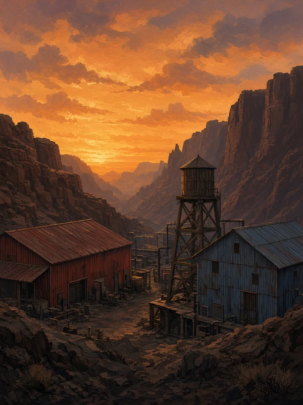 Red and blue industrial buildings in a desert canyon at sunset
