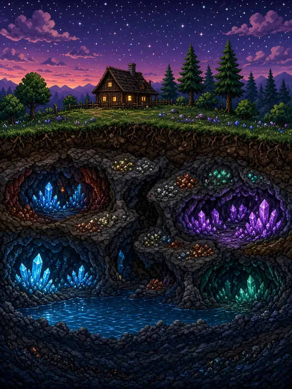 Cozy cabin above glowing crystal caverns at twilight