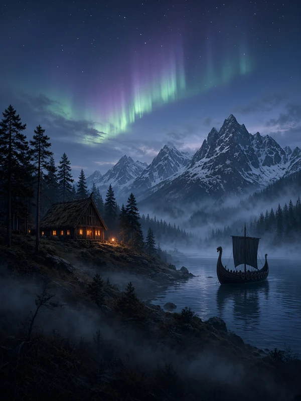 Firelit longhouse by a misty fjord under the northern lights